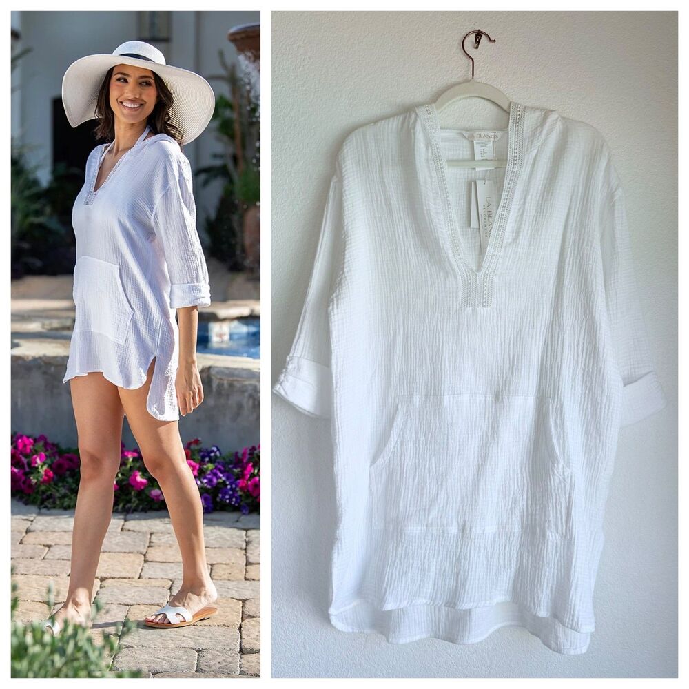 NWT La Blanca 100% Cotton Seaside Covers Hoodie Cover Up Tunic in White Size XS